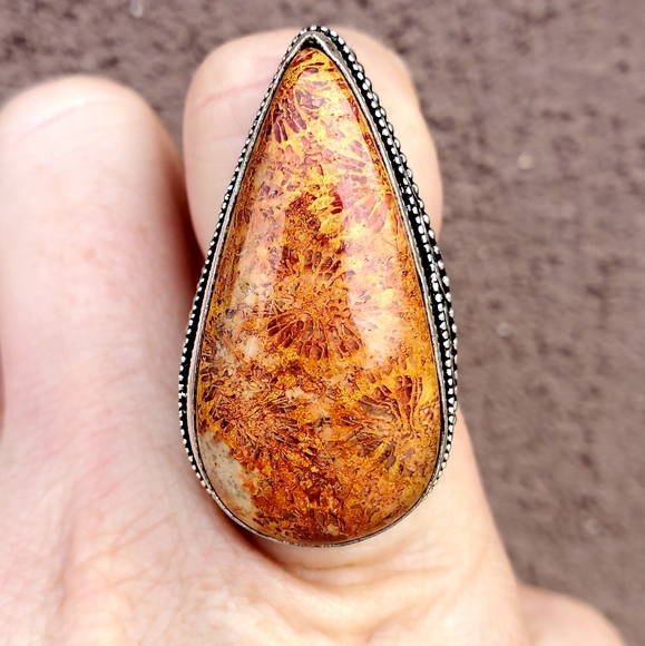 New Oversized Coral Fossil 925 Silver Statement Ring. - Picture 2 of 14